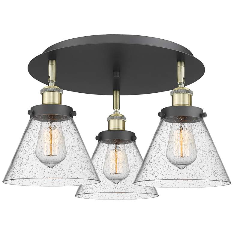 Image 1 Cone 19.5"W 3 Light Black Antique Brass Flush Mount With Seedy Glass S