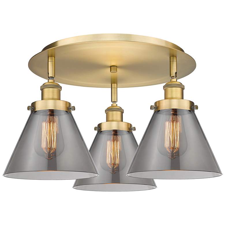 Image 1 Cone 19.5"W 3 Light Brushed Brass Flush Mount With Plated Smoke Glass
