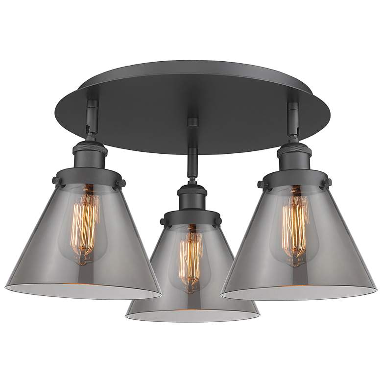 Image 1 Cone 19.5"W 3 Light Matte Black Flush Mount With Plated Smoke Glass Sh