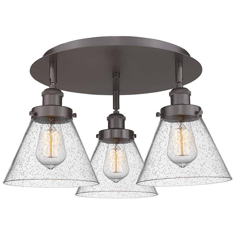 Image 1 Cone 19.5"W 3 Light Oil Rubbed Bronze Flush Mount With Seedy Glass Sha