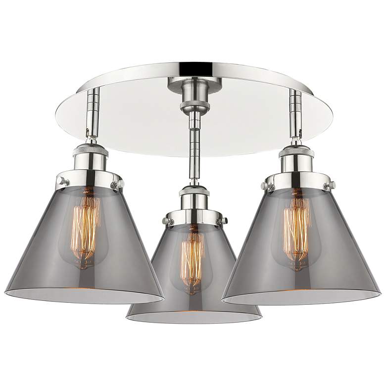 Image 1 Cone 19.5"W 3 Light Polished Nickel Flush Mount w/ Plated Smoke Glass