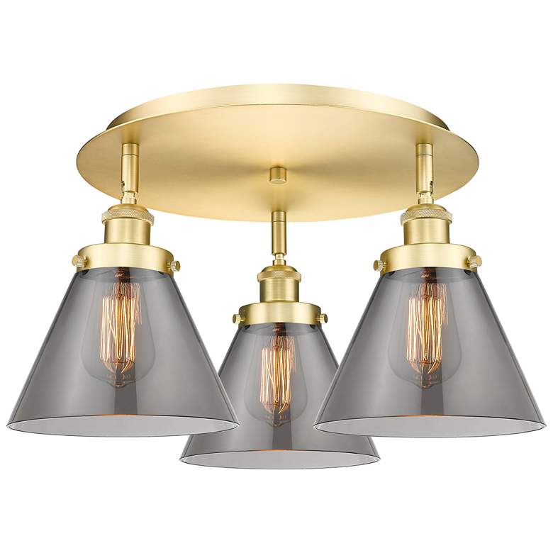 Image 1 Cone 19.5"W 3 Light Satin Gold Flush Mount With Plated Smoke Glass Sha