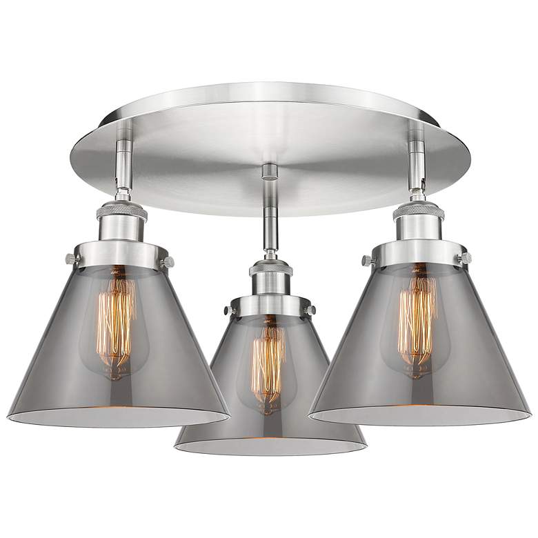 Image 1 Cone 19.5"W 3 Light Satin Nickel Flush Mount With Plated Smoke Glass S