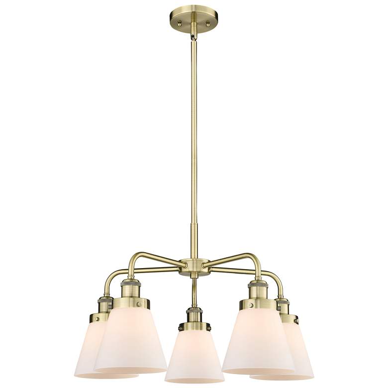 Image 1 Cone 24.25"W 5 Light Antique Brass Stem Hung Chandelier w/ White Shade