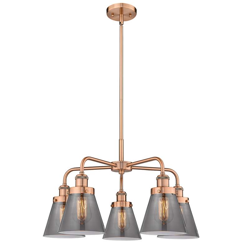 Image 1 Cone 24.25"W 5 Light Antique Copper Stem Hung Chandelier w/ Smoke Shad