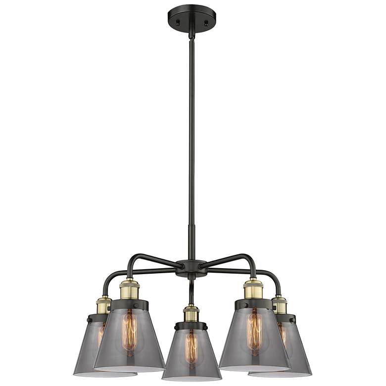 Image 1 Cone 24.25"W 5 Light Black Brass Stem Hung Chandelier w/ Smoke Shade
