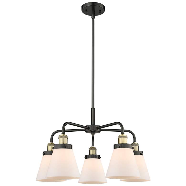 Image 1 Cone 24.25"W 5 Light Black Brass Stem Hung Chandelier w/ White Shade
