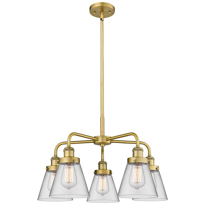 Image 1 Cone 24.25"W 5 Light Brushed Brass Stem Hung Chandelier w/ Clear Shade