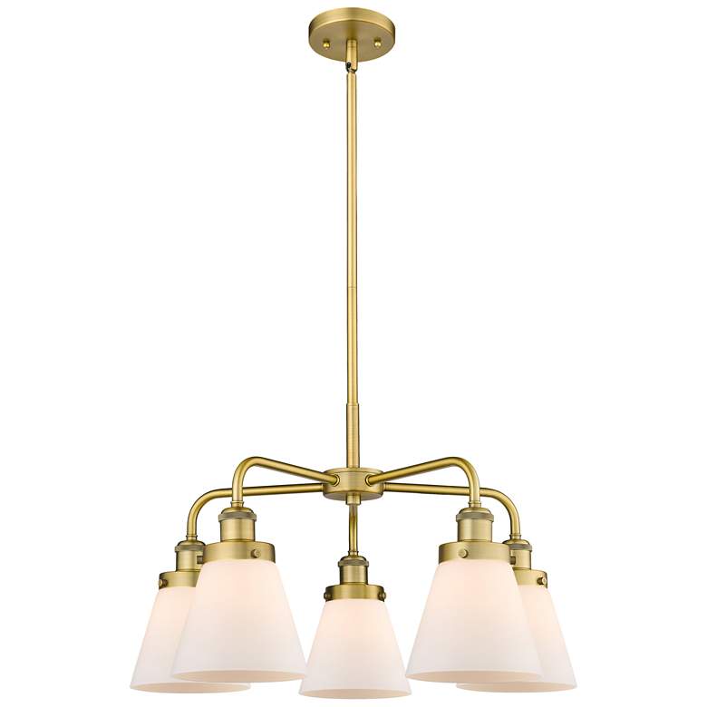 Image 1 Cone 24.25"W 5 Light Brushed Brass Stem Hung Chandelier w/ White Shade