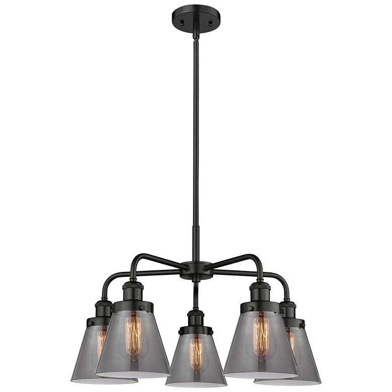 Image 1 Cone 24.25"W 5 Light Matte Black Stem Hung Chandelier w/ Smoke Glass S