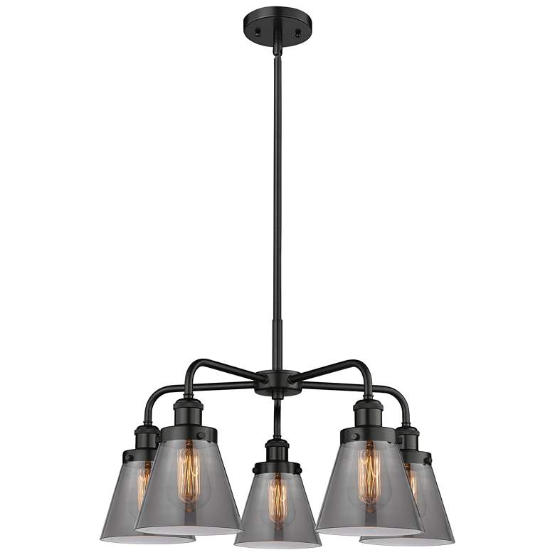 Image 1 Cone 24.25 inchW 5 Light Matte Black Stem Hung Chandelier w/ Smoke Glass S