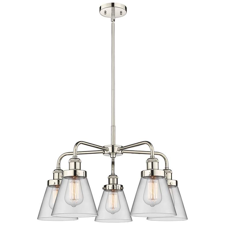 Image 1 Cone 24.25"W 5 Light Polished Nickel Stem Hung Chandelier w/ Clear Sha