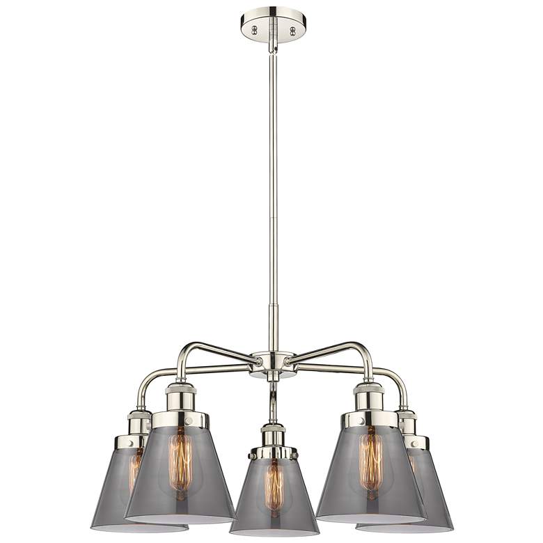 Image 1 Cone 24.25"W 5 Light Polished Nickel Stem Hung Chandelier w/ Smoke Sha