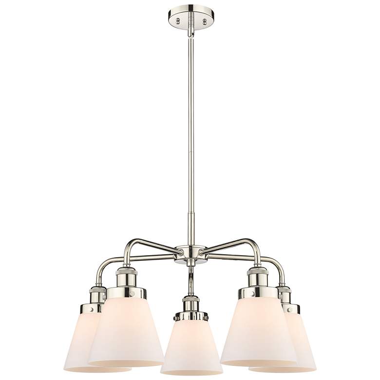 Image 1 Cone 24.25"W 5 Light Polished Nickel Stem Hung Chandelier w/ White Sha