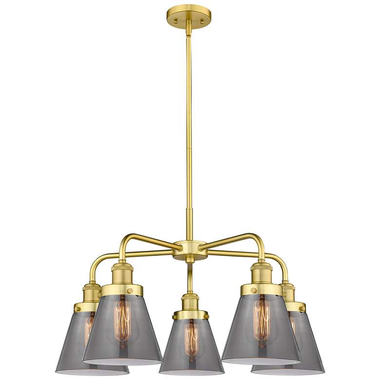 Image 1 Cone 24.25"W 5 Light Satin Gold Stem Hung Chandelier w/ Smoke Glass Sh