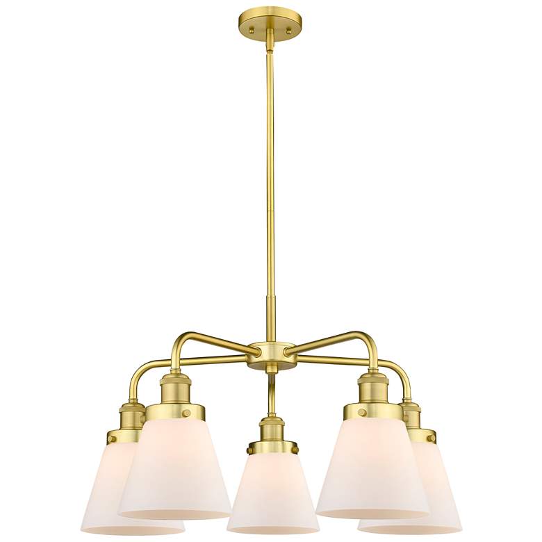 Image 1 Cone 24.25"W 5 Light Satin Gold Stem Hung Chandelier w/ White Shade