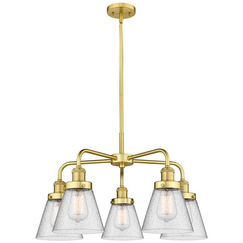 Image 1 Cone 24.25"W 5 Light Satin Gold Stem Hung Chandelier With Seedy Glass
