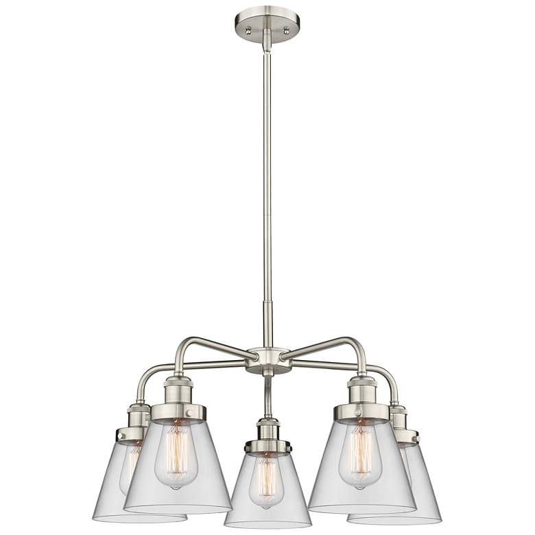 Image 1 Cone 24.25"W 5 Light Satin Nickel Stem Hung Chandelier w/ Clear Glass
