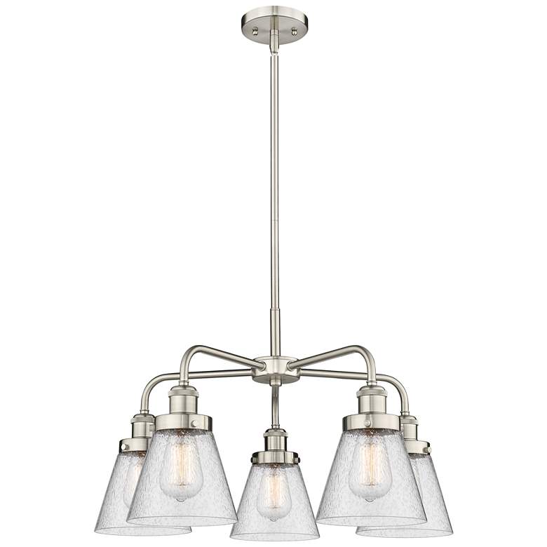 Image 1 Cone 24.25"W 5 Light Satin Nickel Stem Hung Chandelier w/ Seedy Glass