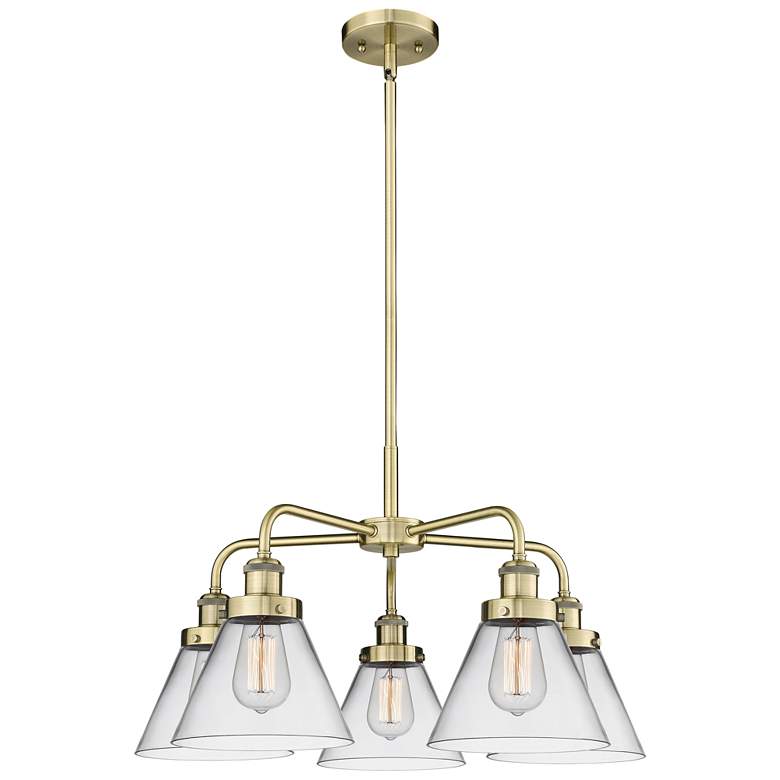 Image 1 Cone 25.75"W 5 Light Antique Brass Stem Hung Chandelier w/ Clear Shade