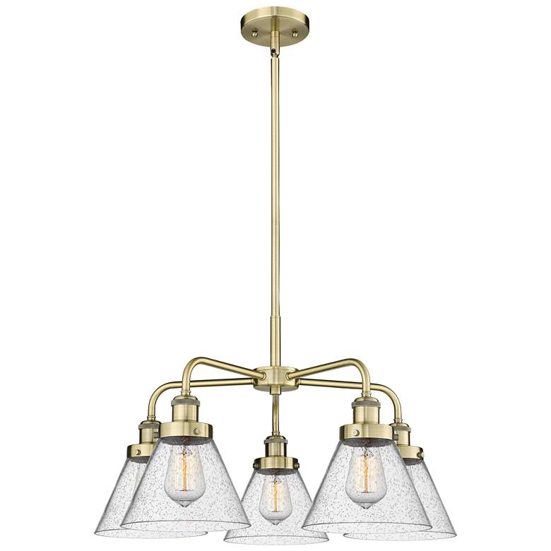 Image 1 Cone 25.75"W 5 Light Antique Brass Stem Hung Chandelier w/ Seedy Shade