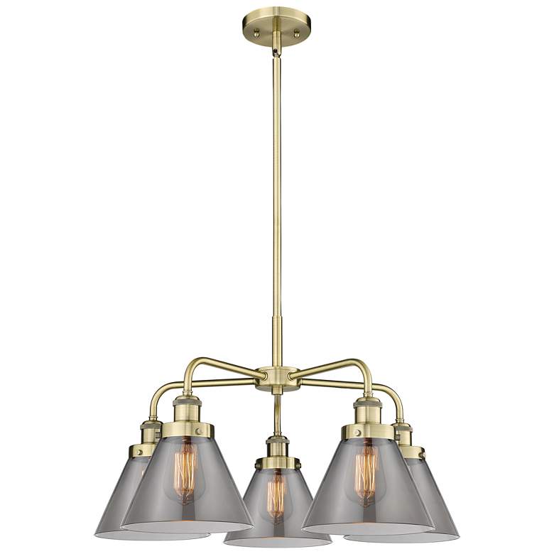 Image 1 Cone 25.75"W 5 Light Antique Brass Stem Hung Chandelier w/ Smoke Shade