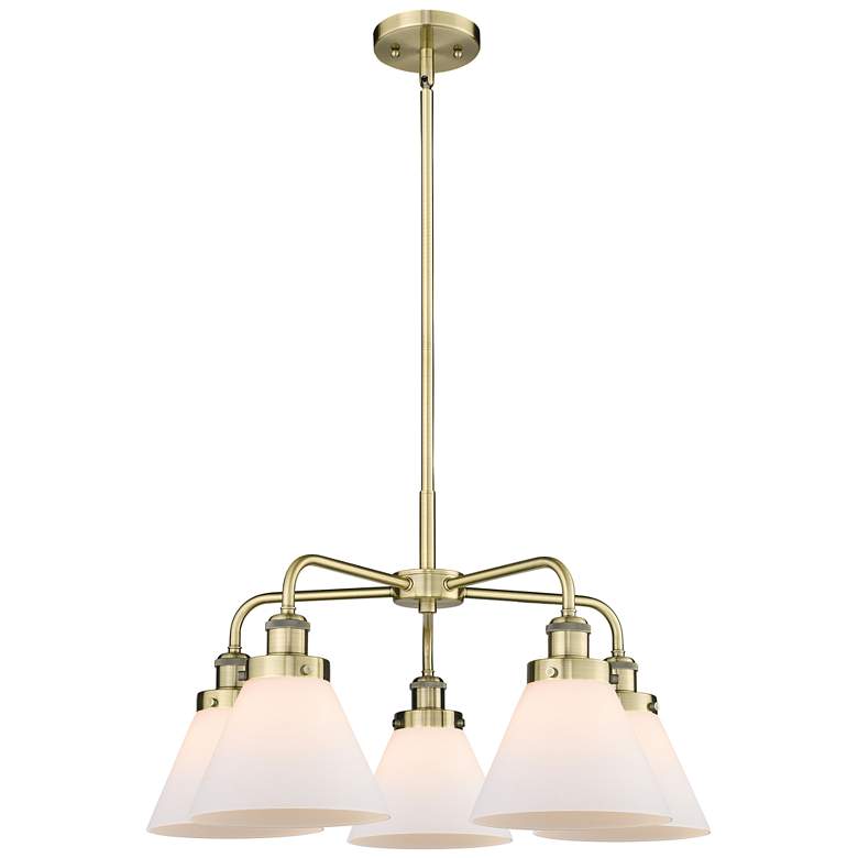 Image 1 Cone 25.75"W 5 Light Antique Brass Stem Hung Chandelier w/ White Shade