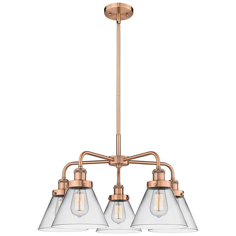 Image 1 Cone 25.75"W 5 Light Antique Copper Stem Hung Chandelier w/ Clear Shad