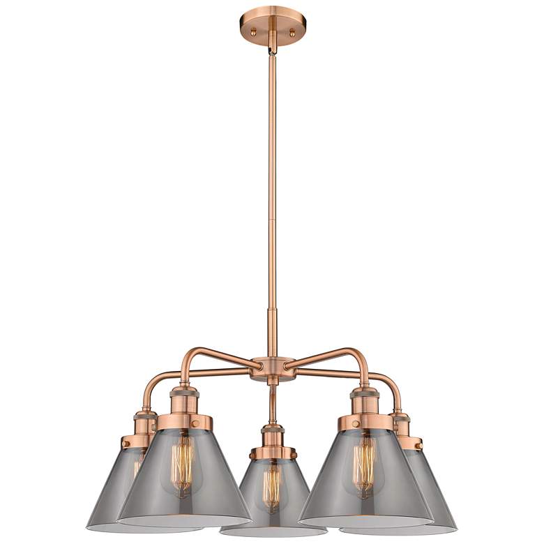 Image 1 Cone 25.75"W 5 Light Antique Copper Stem Hung Chandelier w/ Smoke Shad