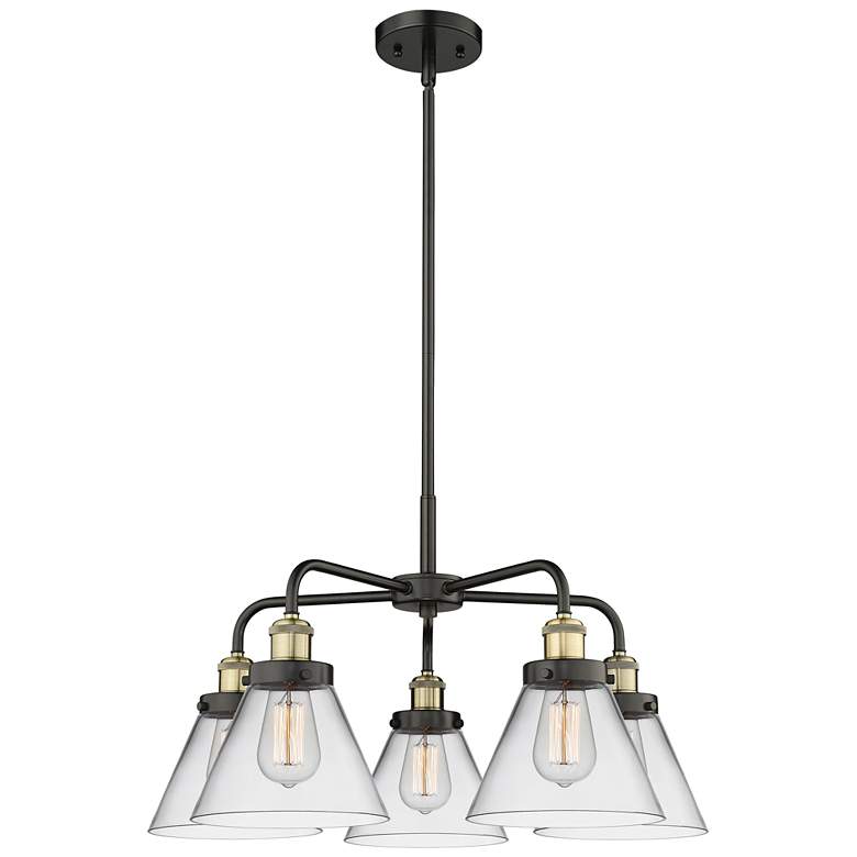 Image 1 Cone 25.75"W 5 Light Black Brass Stem Hung Chandelier w/ Clear Shade
