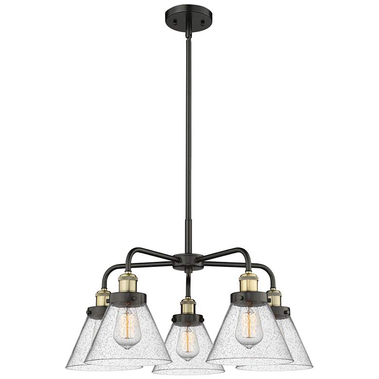 Image 1 Cone 25.75"W 5 Light Black Brass Stem Hung Chandelier w/ Seedy Shade