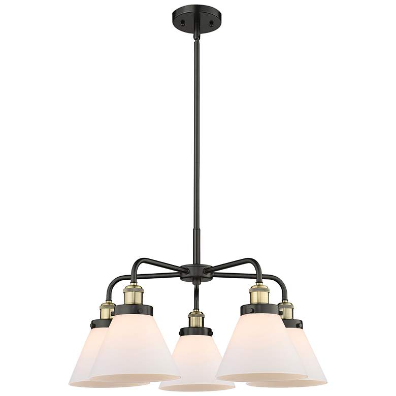 Image 1 Cone 25.75"W 5 Light Black Brass Stem Hung Chandelier w/ White Shade