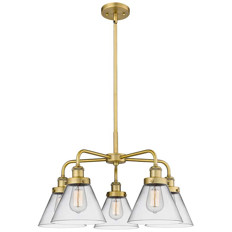 Image 1 Cone 25.75"W 5 Light Brushed Brass Stem Hung Chandelier w/ Clear Shade