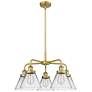 Cone 25.75"W 5 Light Brushed Brass Stem Hung Chandelier w/ Clear Shade