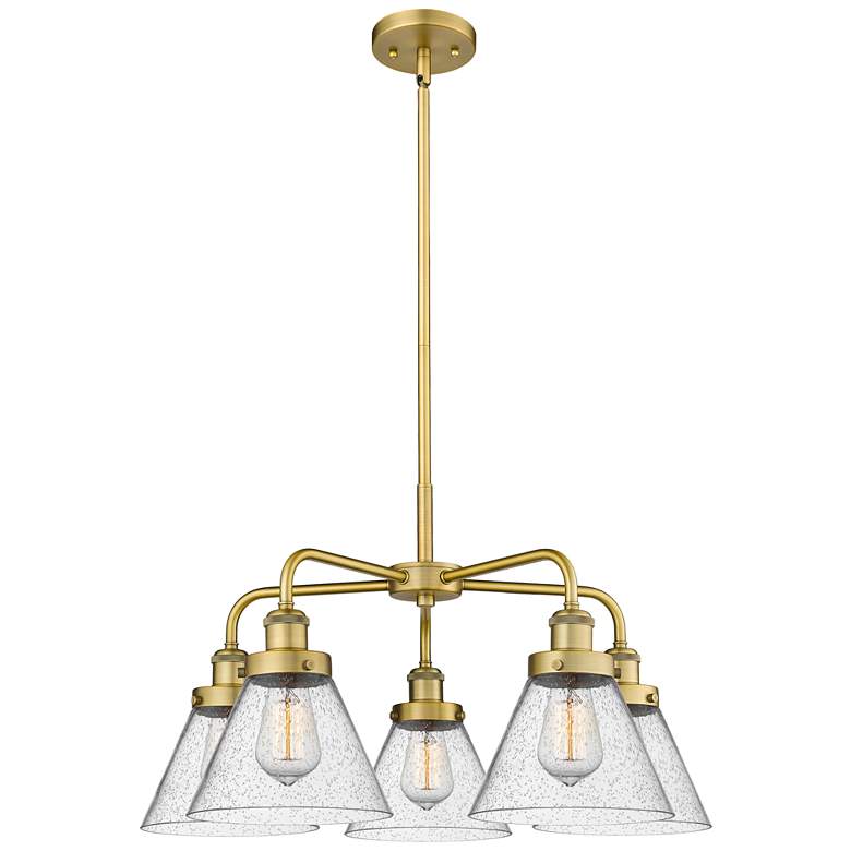 Image 1 Cone 25.75"W 5 Light Brushed Brass Stem Hung Chandelier w/ Seedy Shade