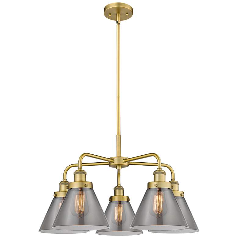 Image 1 Cone 25.75"W 5 Light Brushed Brass Stem Hung Chandelier w/ Smoke Shade