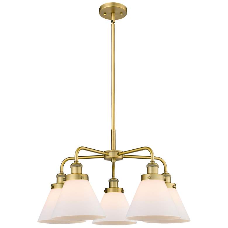 Image 1 Cone 25.75"W 5 Light Brushed Brass Stem Hung Chandelier w/ White Shade