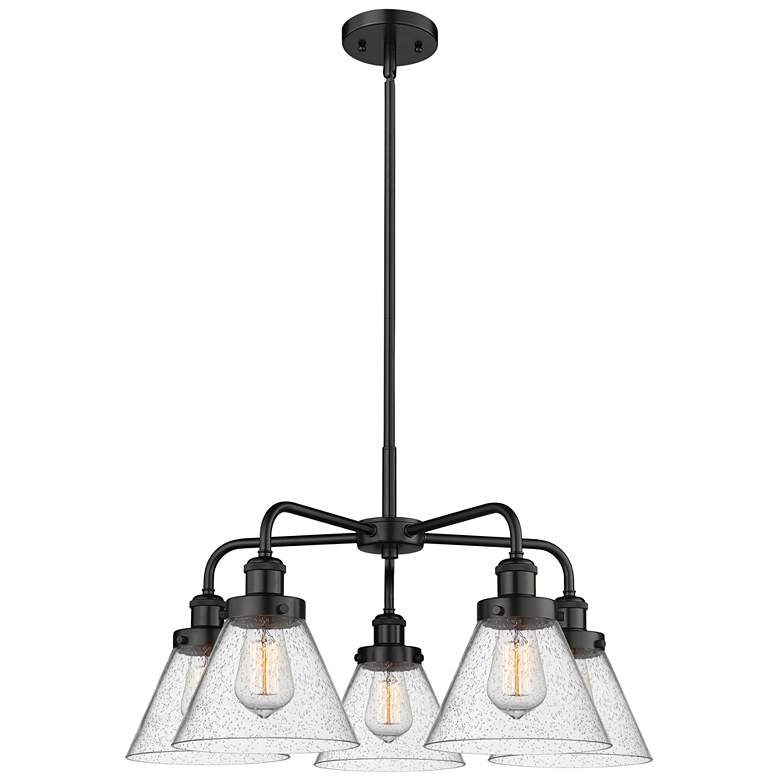 Image 1 Cone 25.75"W 5 Light Matte Black Stem Hung Chandelier w/ Seedy Glass S