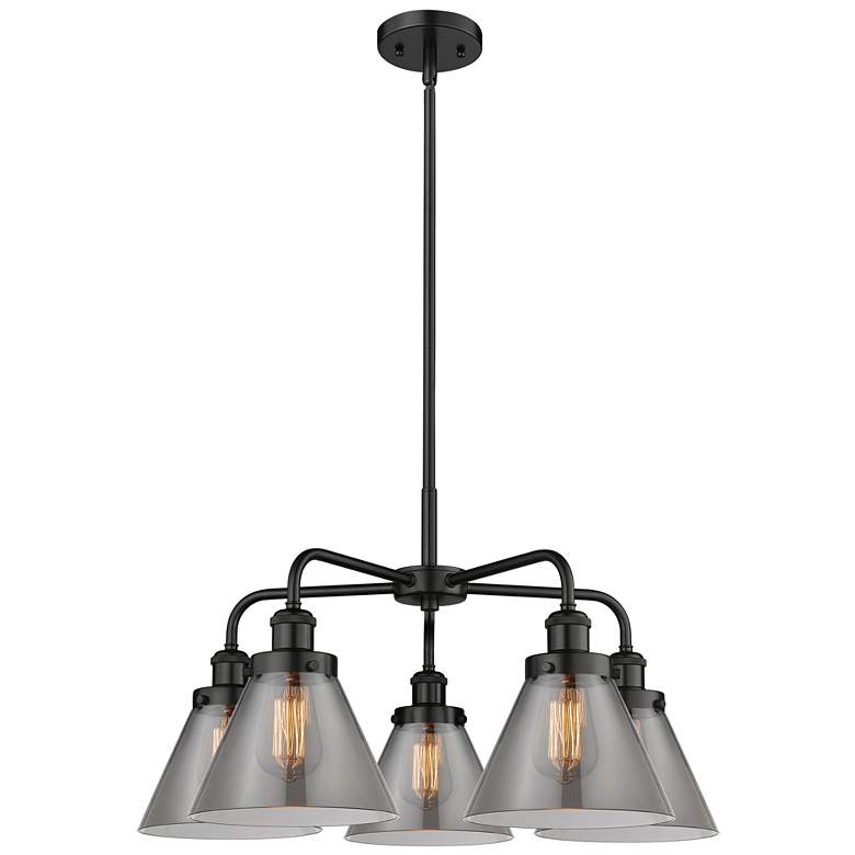 Image 1 Cone 25.75"W 5 Light Matte Black Stem Hung Chandelier w/ Smoke Glass S