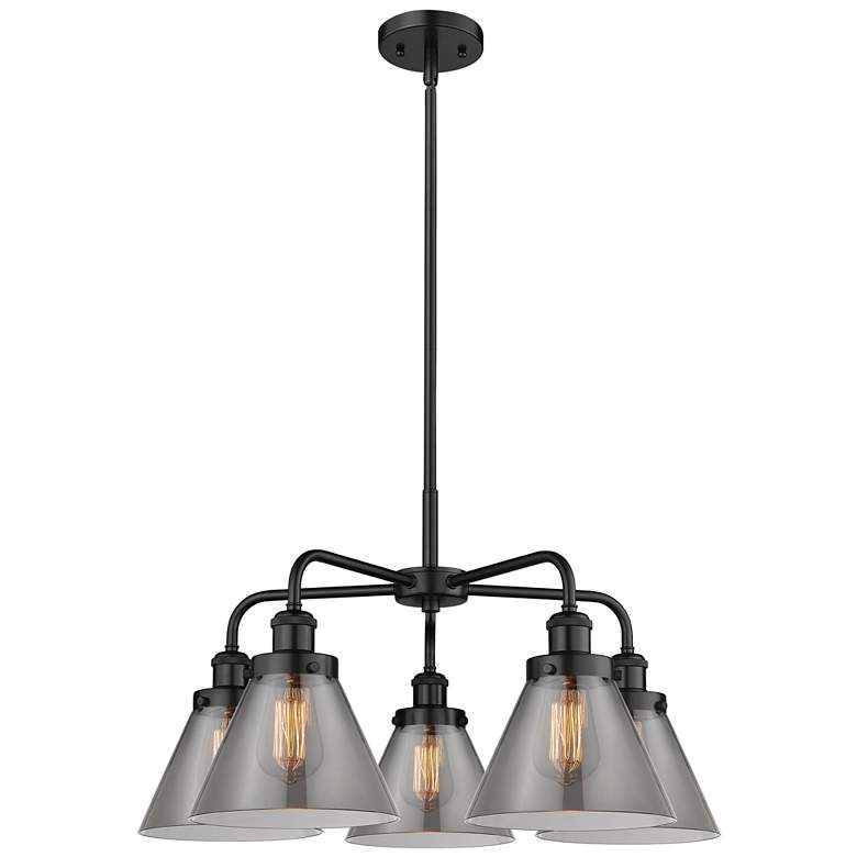 Image 1 Cone 25.75 inchW 5 Light Matte Black Stem Hung Chandelier w/ Smoke Glass S