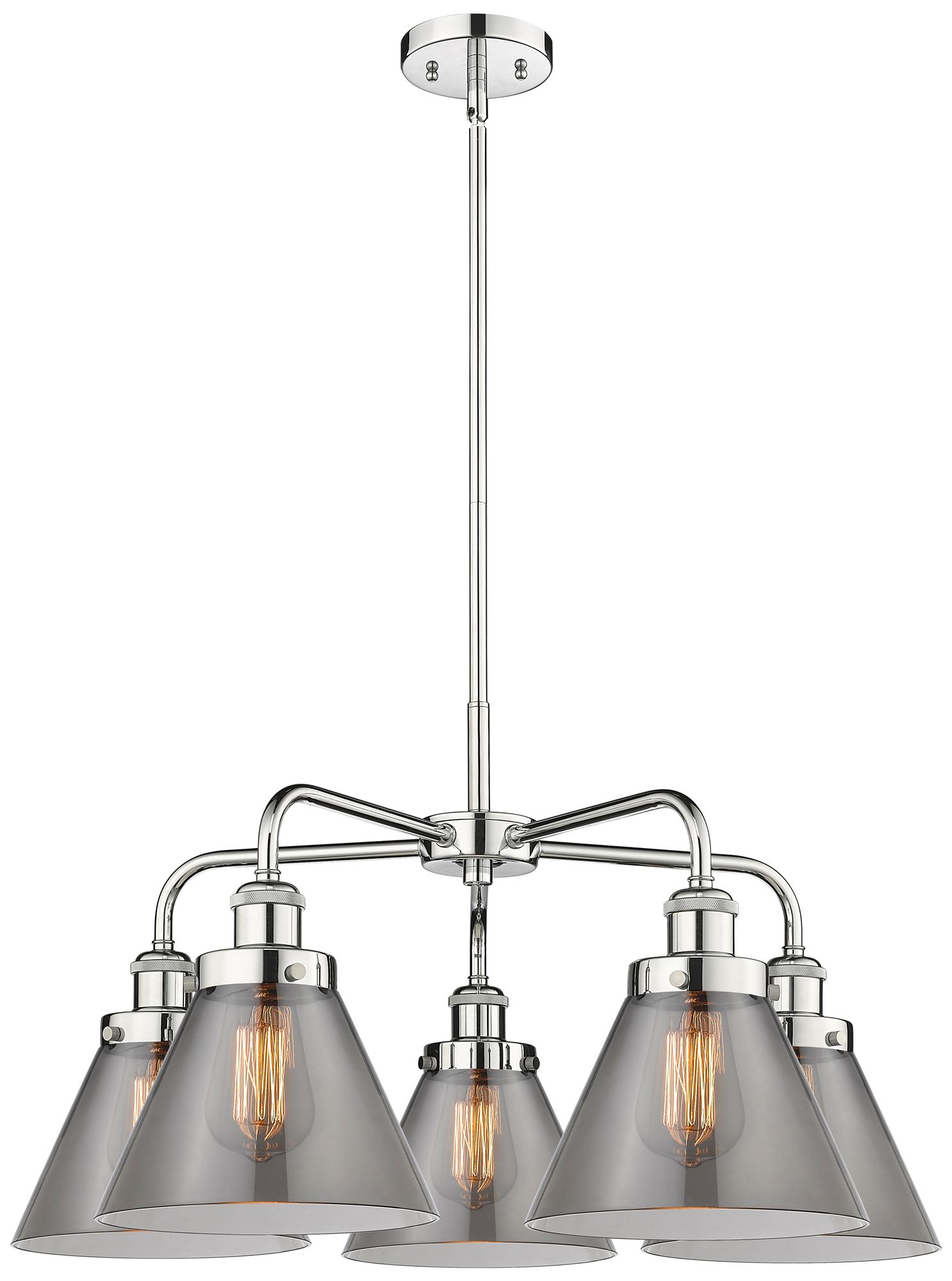 Cone 25.75"W 5 Light Polished Chrome Stem Hung Chandelier w/ Smoke Sha