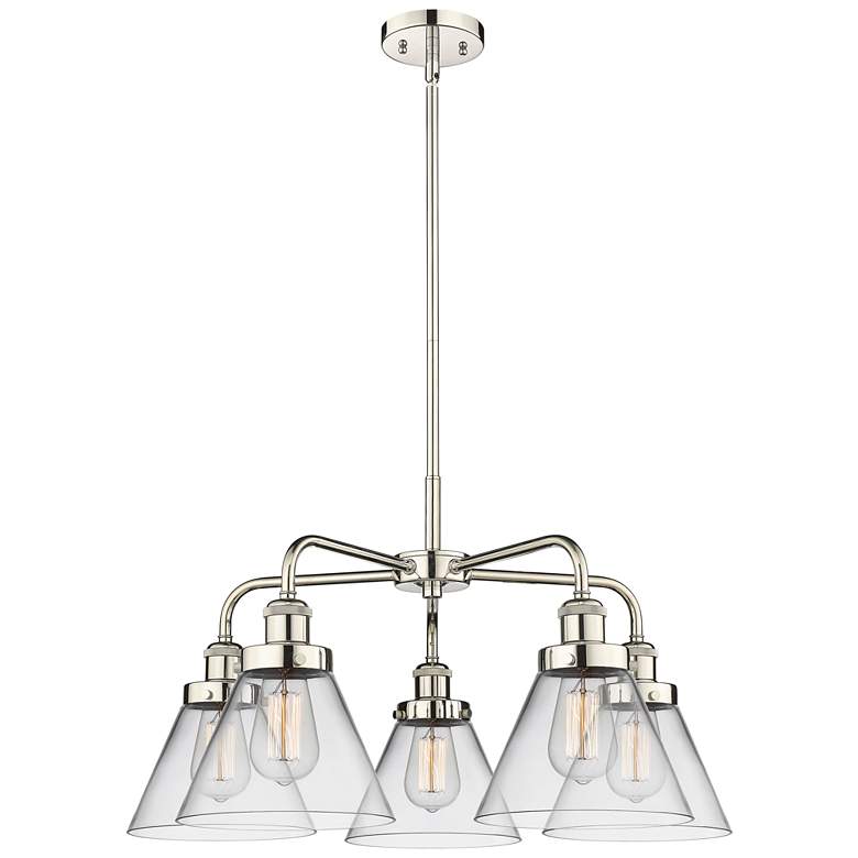 Image 1 Cone 25.75"W 5 Light Polished Nickel Stem Hung Chandelier w/ Clear Sha