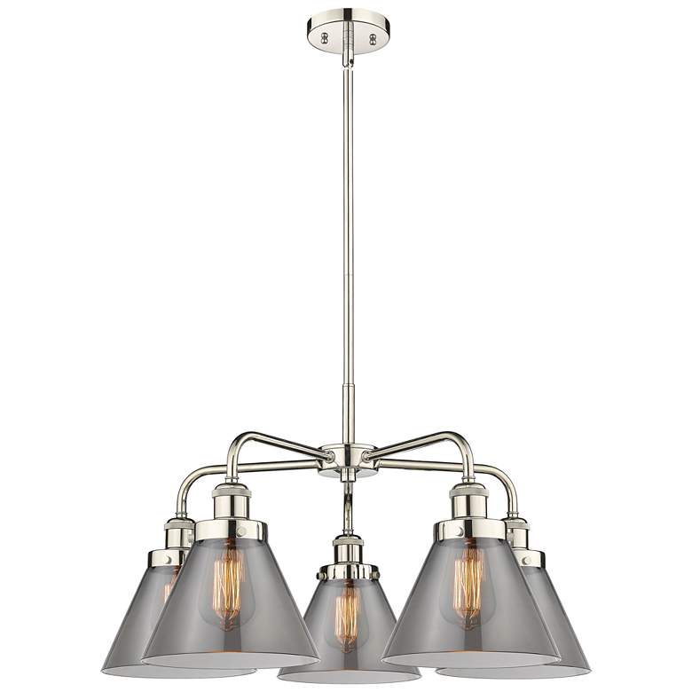 Image 1 Cone 25.75"W 5 Light Polished Nickel Stem Hung Chandelier w/ Smoke Sha