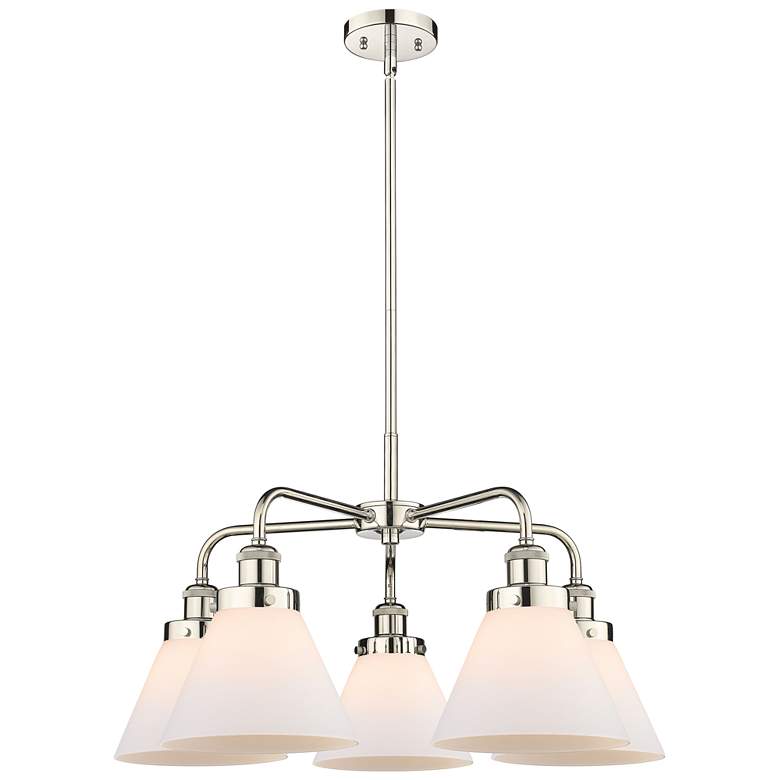 Image 1 Cone 25.75"W 5 Light Polished Nickel Stem Hung Chandelier w/ White Sha