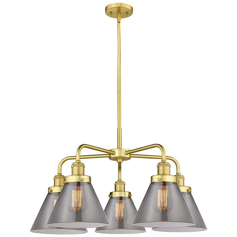 Image 1 Cone 25.75"W 5 Light Satin Gold Stem Hung Chandelier w/ Smoke Glass Sh