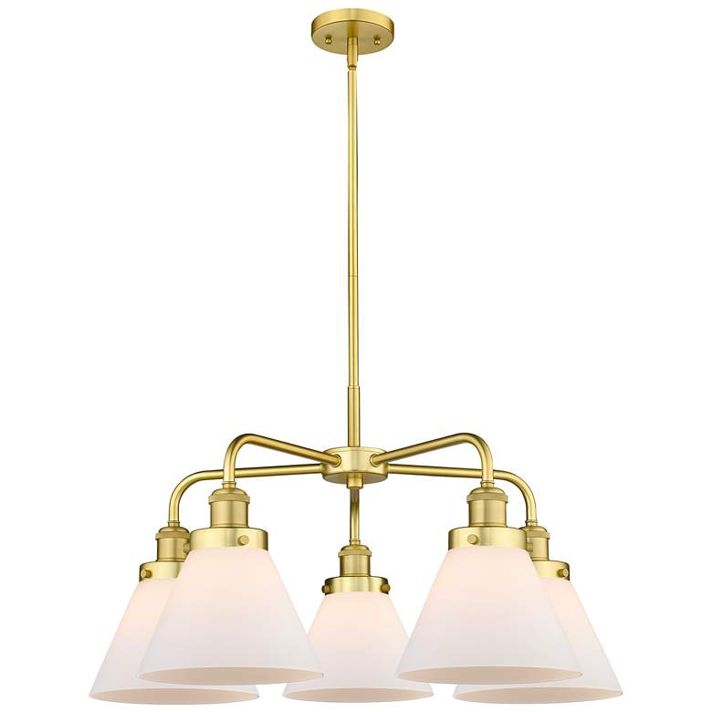 Image 1 Cone 25.75"W 5 Light Satin Gold Stem Hung Chandelier w/ White Shade