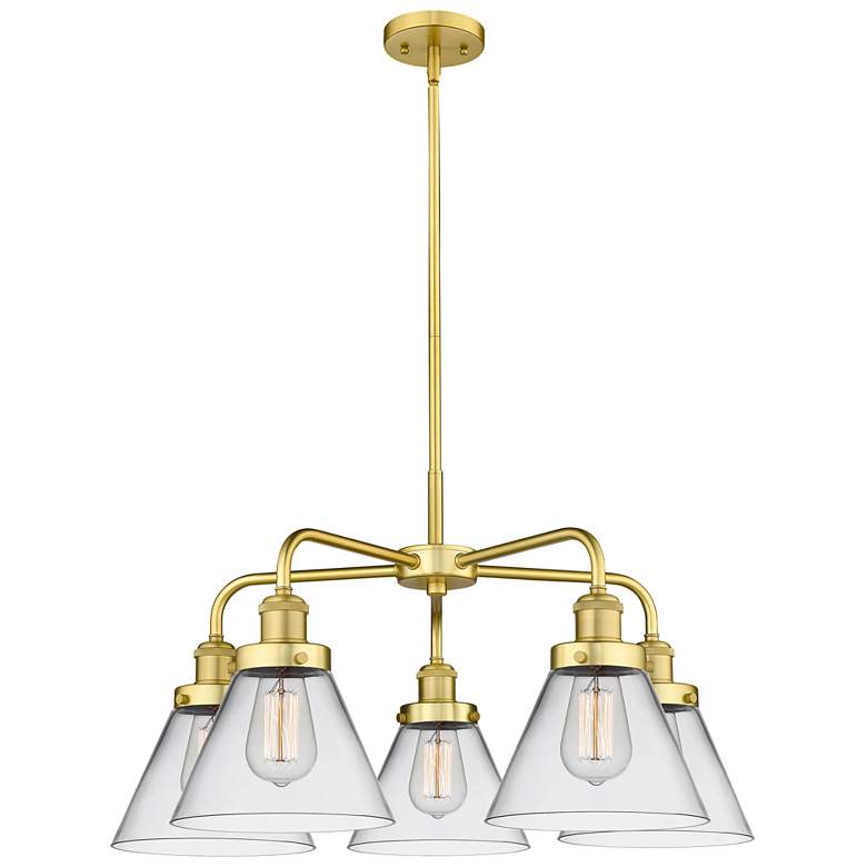 Image 1 Cone 25.75 inchW 5 Light Satin Gold Stem Hung Chandelier With Clear Glass 