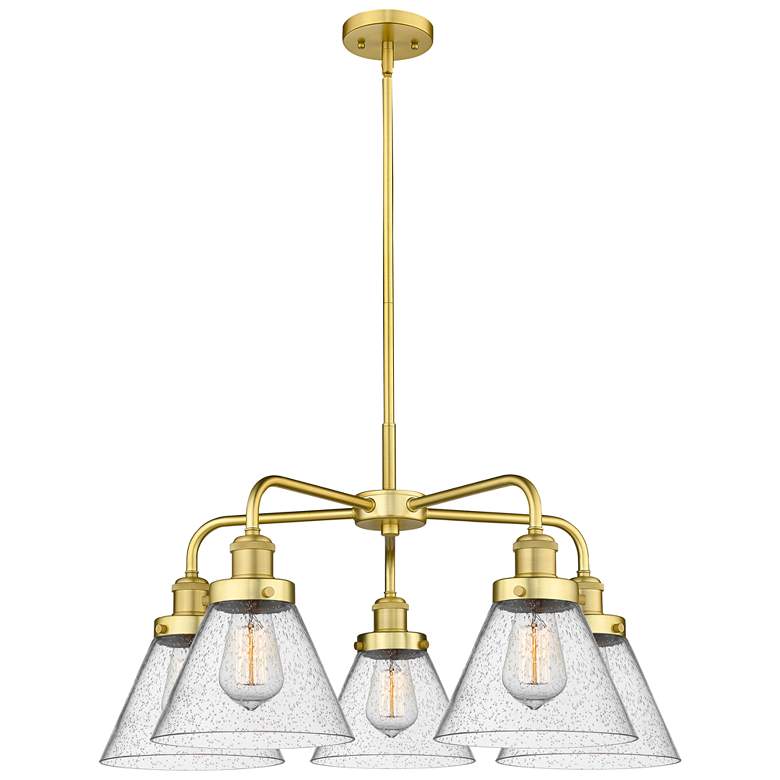 Image 1 Cone 25.75"W 5 Light Satin Gold Stem Hung Chandelier With Seedy Glass