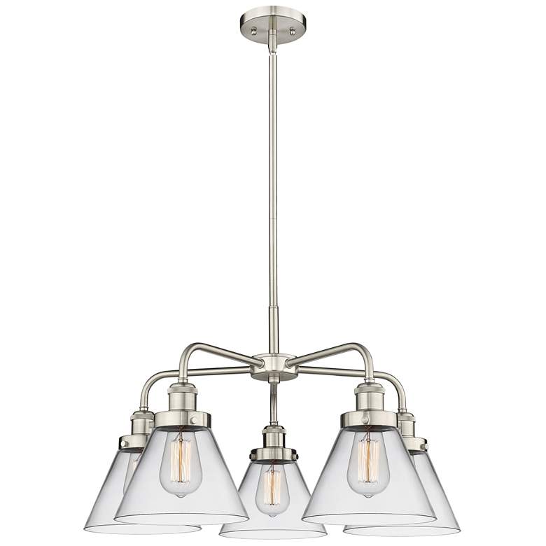 Image 1 Cone 25.75"W 5 Light Satin Nickel Stem Hung Chandelier w/ Clear Glass