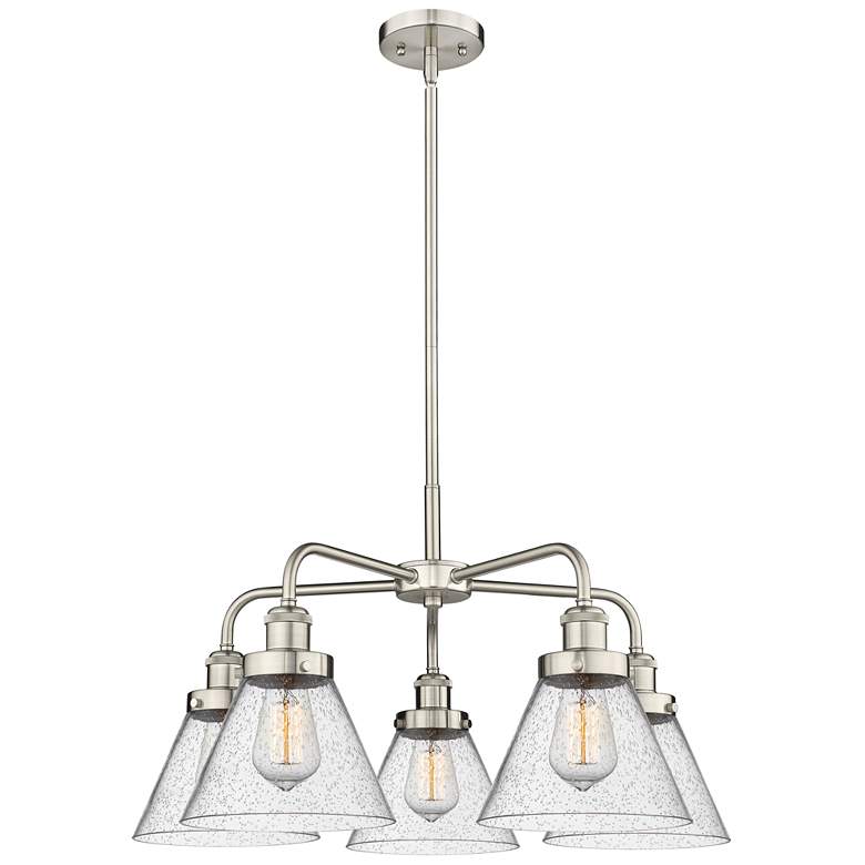 Image 1 Cone 25.75"W 5 Light Satin Nickel Stem Hung Chandelier w/ Seedy Glass
